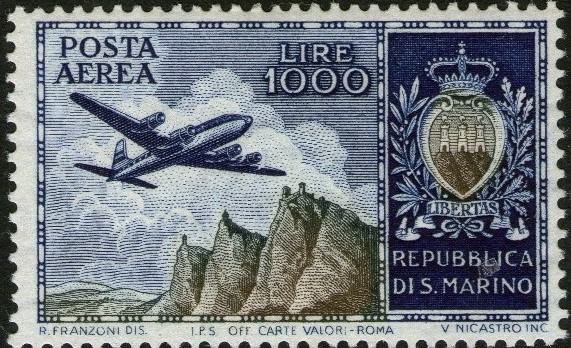 1954 posta aerea Aereo e stemma Lire 1.000