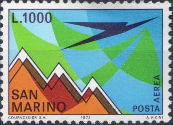 1972 posta aerea Aereo e Monte Titano stilizzati - Lire 1.000
