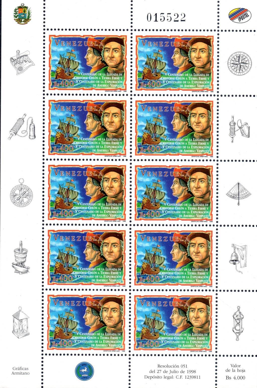 1998 Venezuela Colombo-Vespucci minifoglio Congiunta