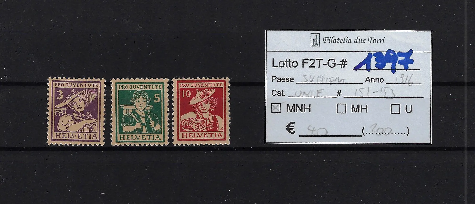 1916 Pro Juventute serie completa Catalogo Unificato 151/153