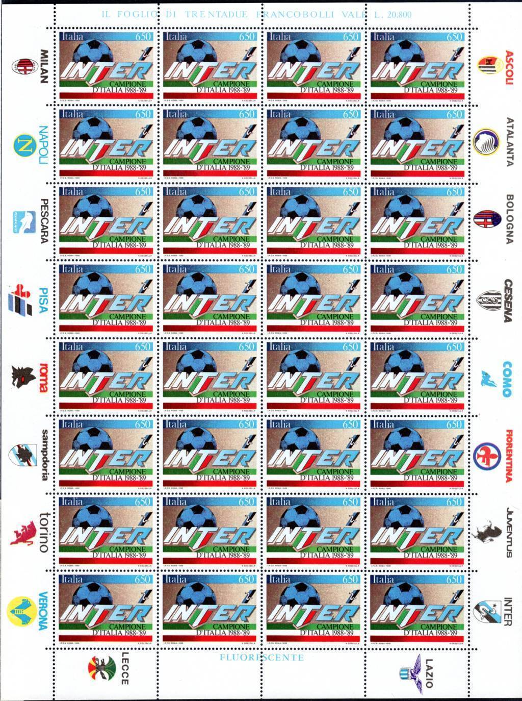 1989 foglio intero calcio Inter Campione d’Italia Calcio