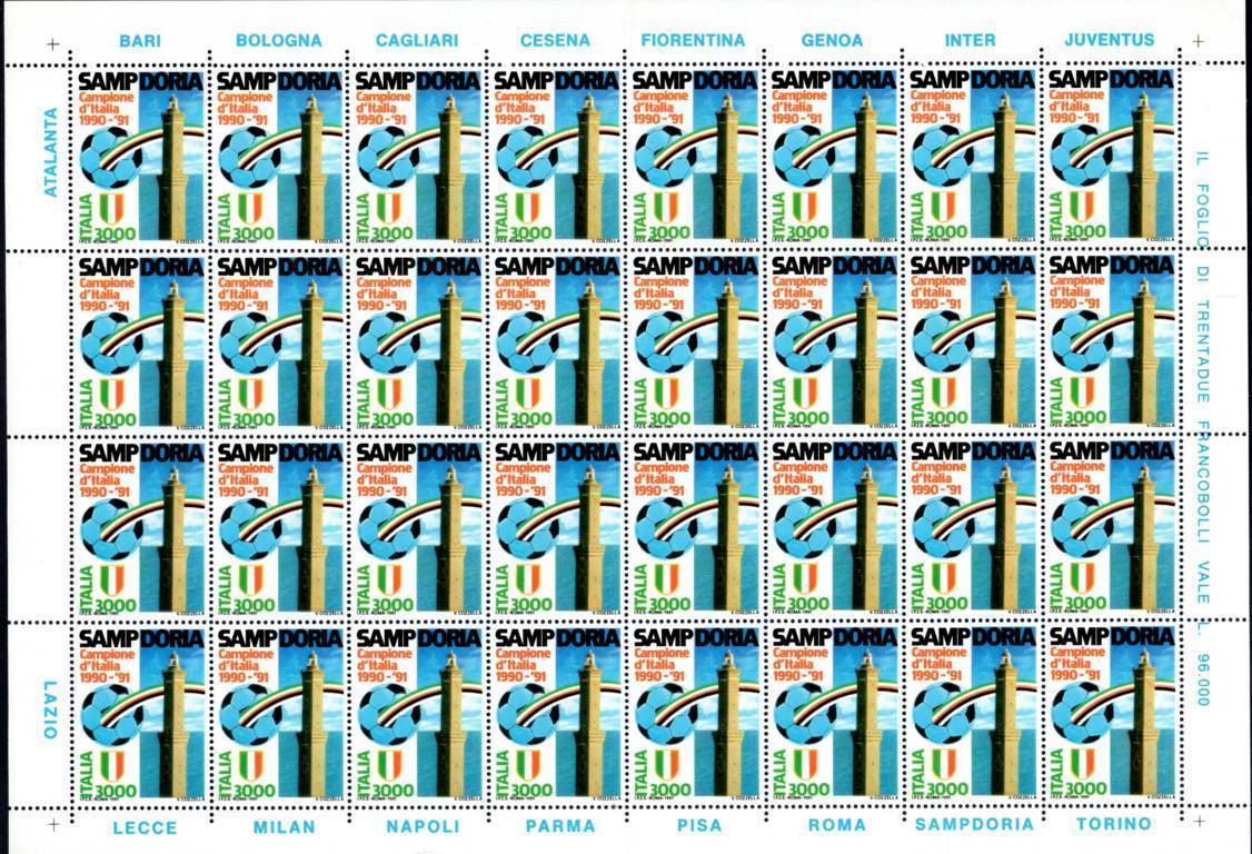 1991 foglio intero calcio Sampdoria Campione d’Italia Calcio
