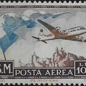 1951 posta aerea Bandiera e aereo in volo Lire 1.000