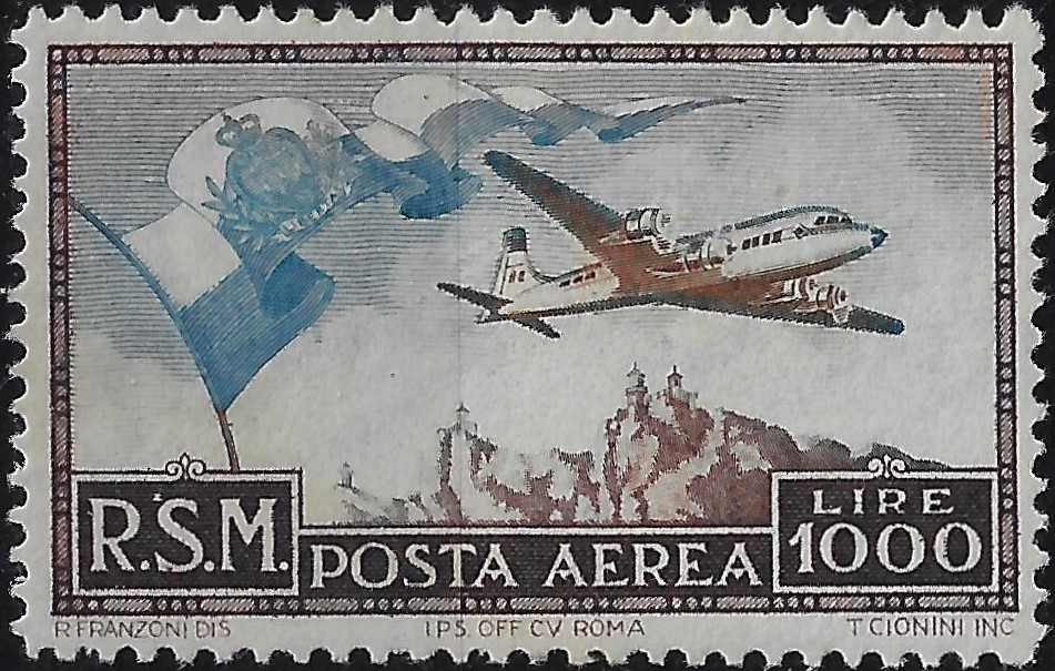 1951 posta aerea Bandiera e aereo in volo Lire 1.000