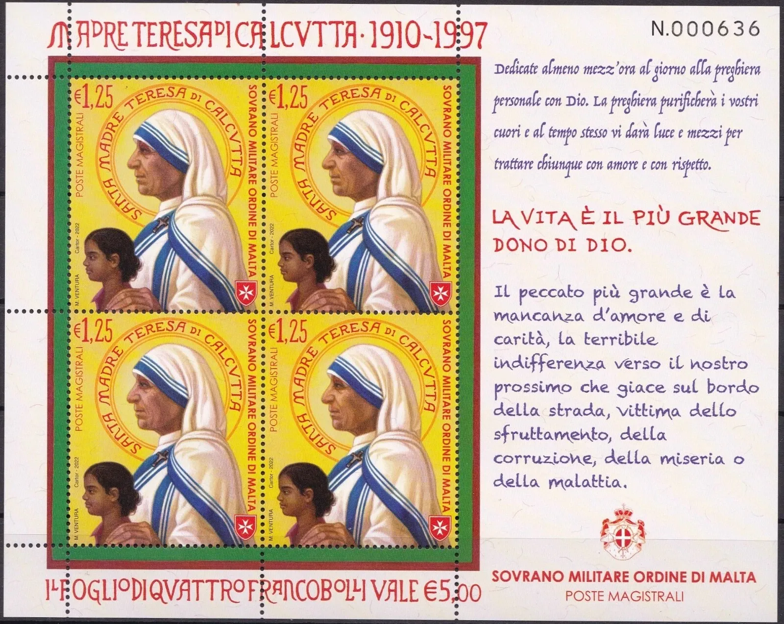 2022 Foglietti madre teresa di Calcutta minifoglio