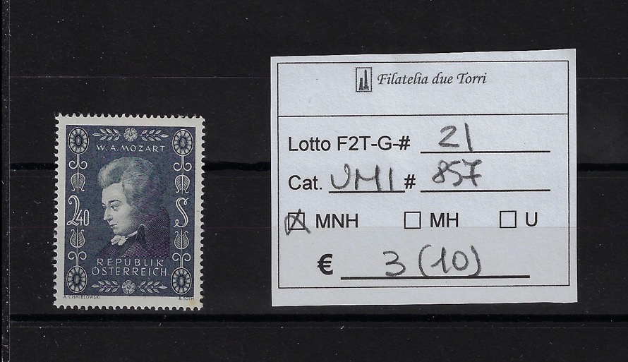 1956 Bicentenario nascita Mozart francobollo singolo Unif 857