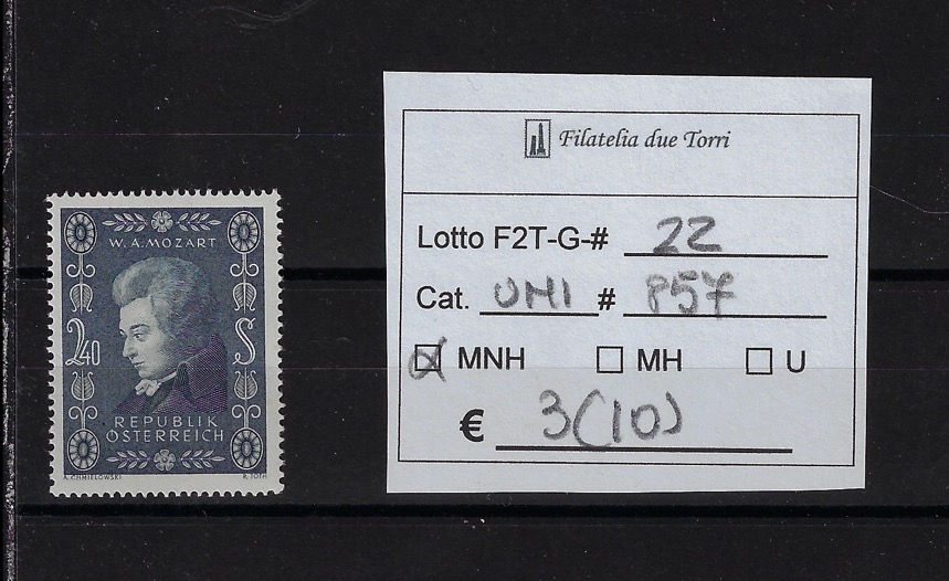 1956 Bicentenario nascita Mozart francobollo singolo Unif 857