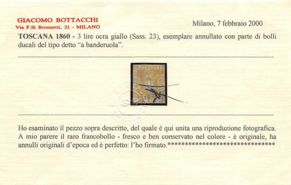 1860 ASI toscana 3 lire ocra giallo certificato sassone 23 - immagine 2