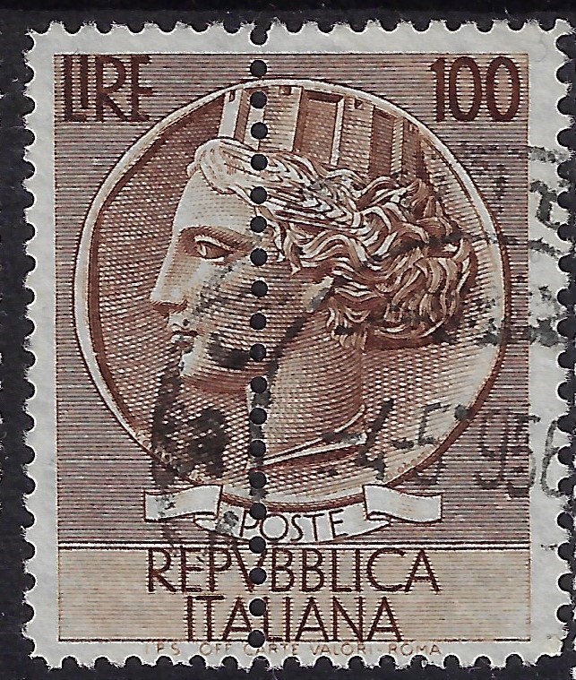 1954 Siracusana £. 100 ruota II capovolta sinistra doppia dentellatura di cui una fortemente spostata al'interno della vignetta 255Ee