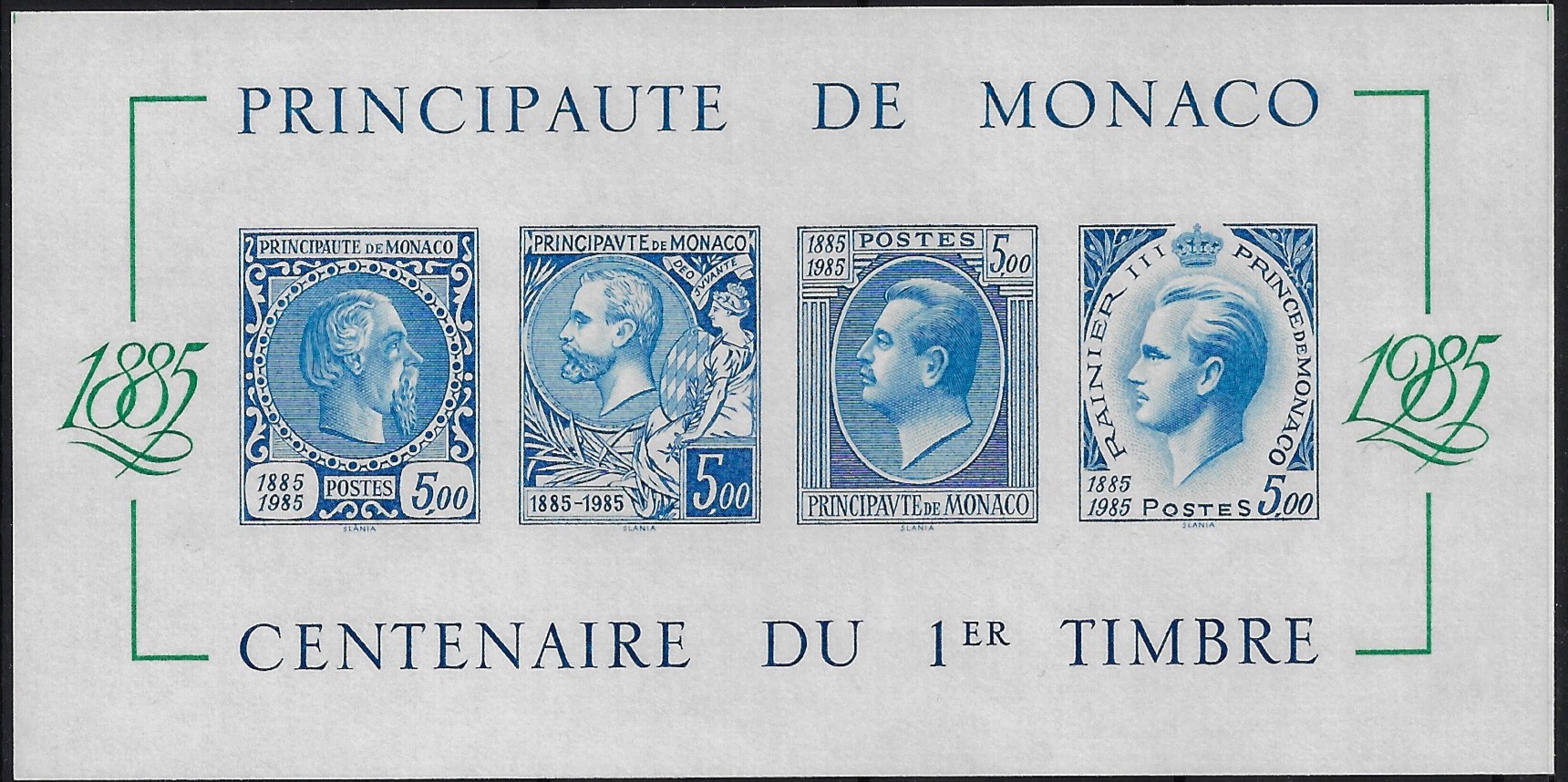 1985 Foglietto 100° del primo francobollo di Monaco non dentellato YT 33a