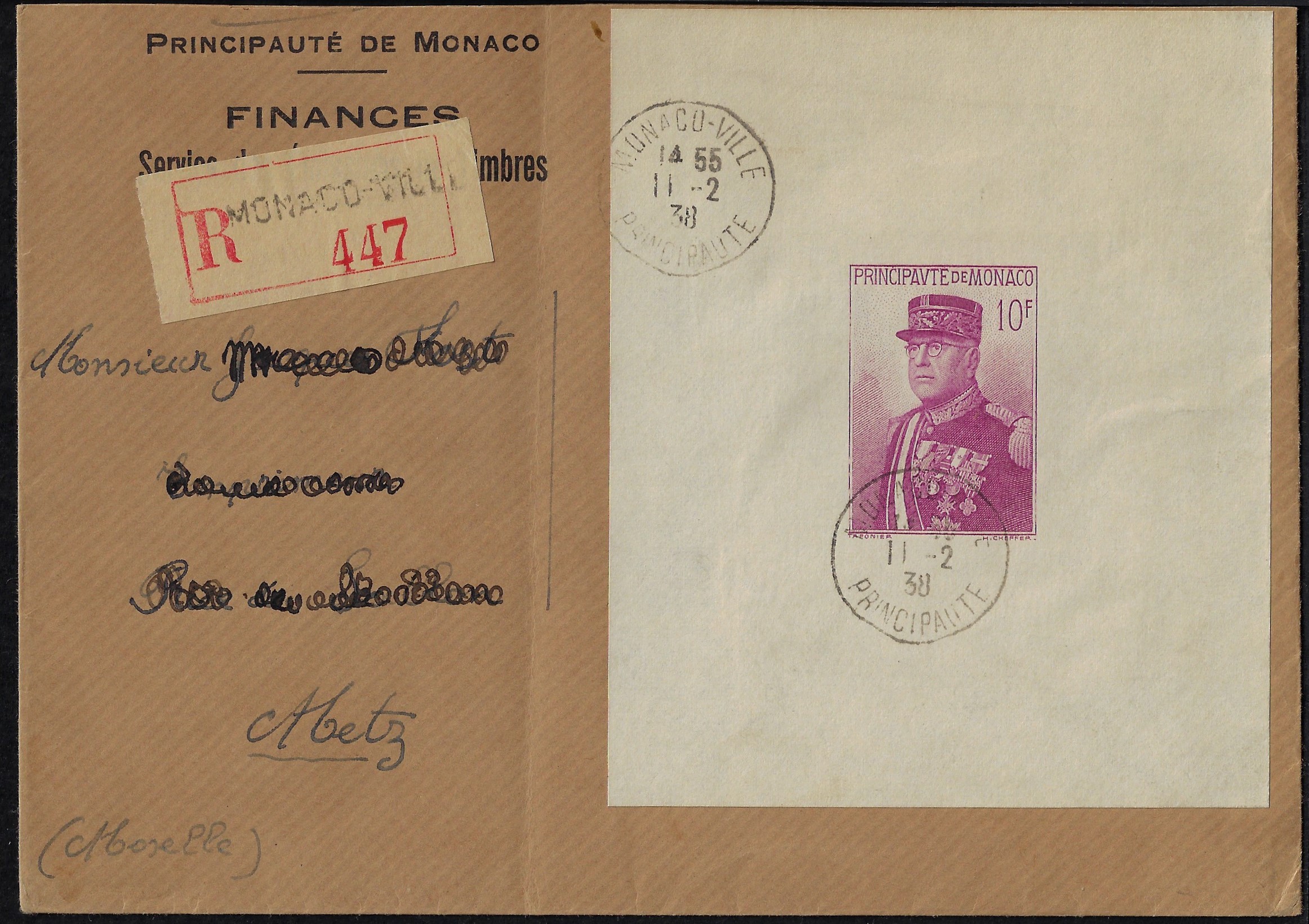 1938 Foglietto Festa nazionale effige di Luigi II YT 1 usato su busta