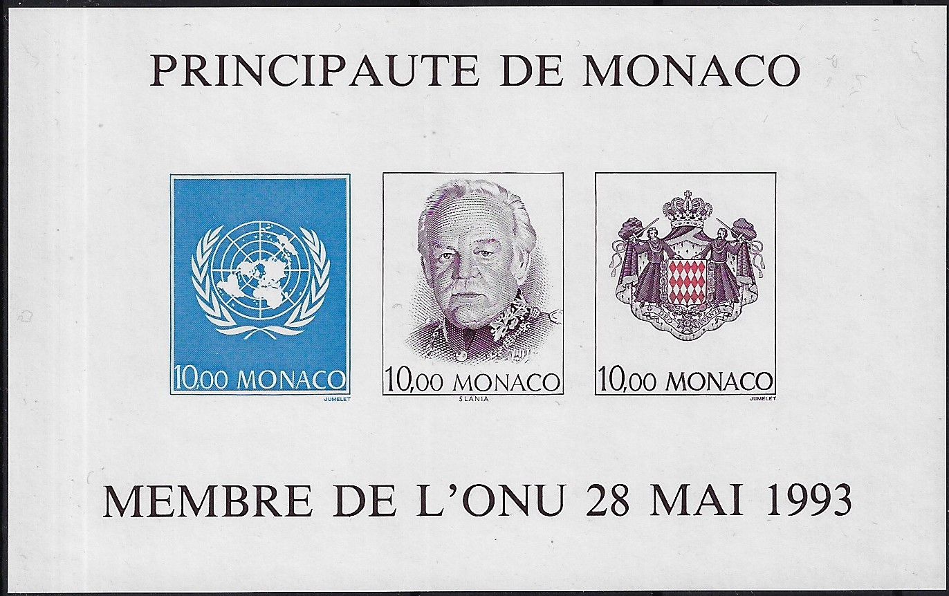 1993 Foglietto Ammissione del Principato di Monaco all'ONU non dentellato YT 62a