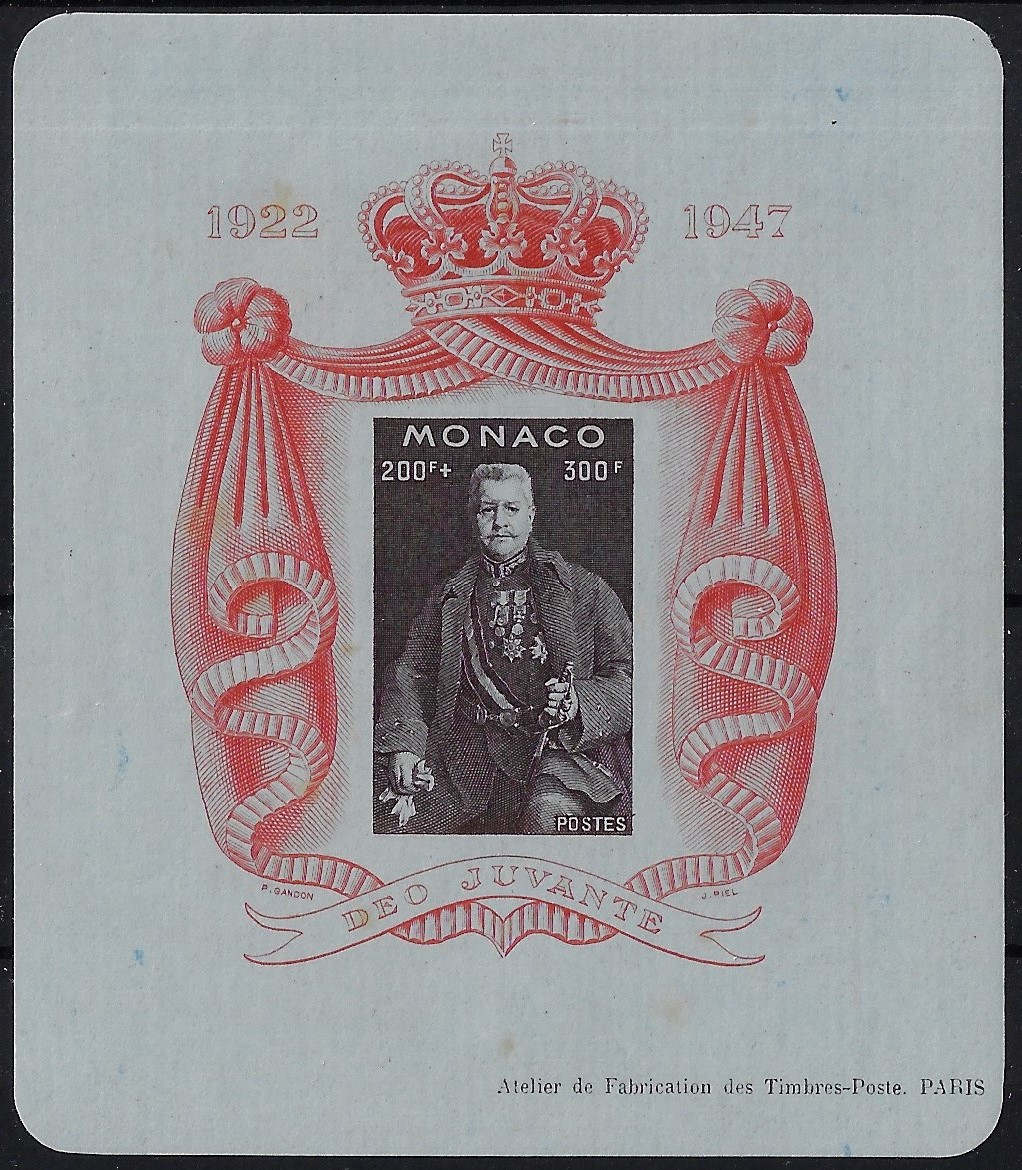 1947 Foglietto 25° di principato di Luigi II su carta bleu YT 2A con certificato