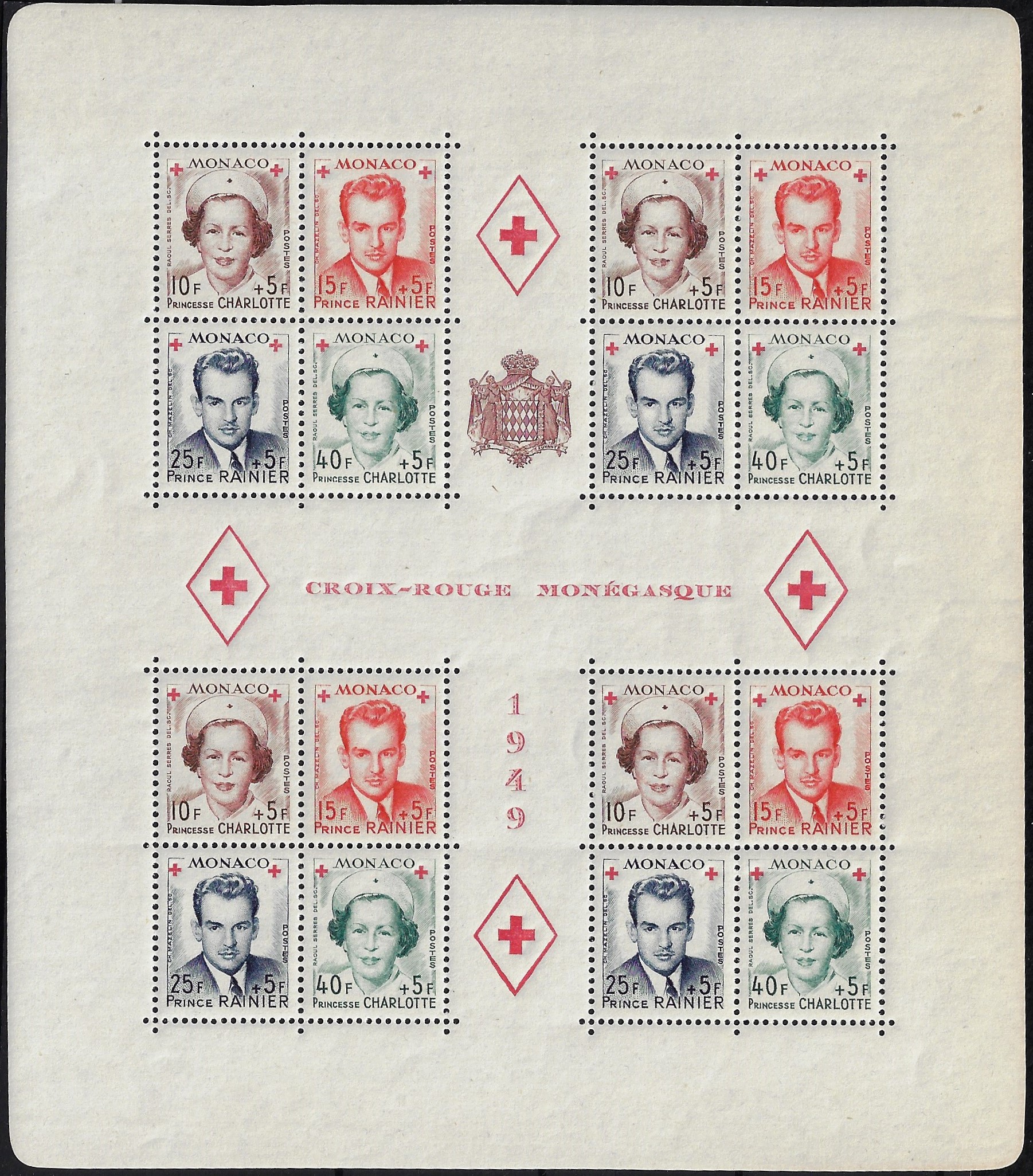 1949 Foglietto PRO Croce Rossa monegasca dentellato YT 3A