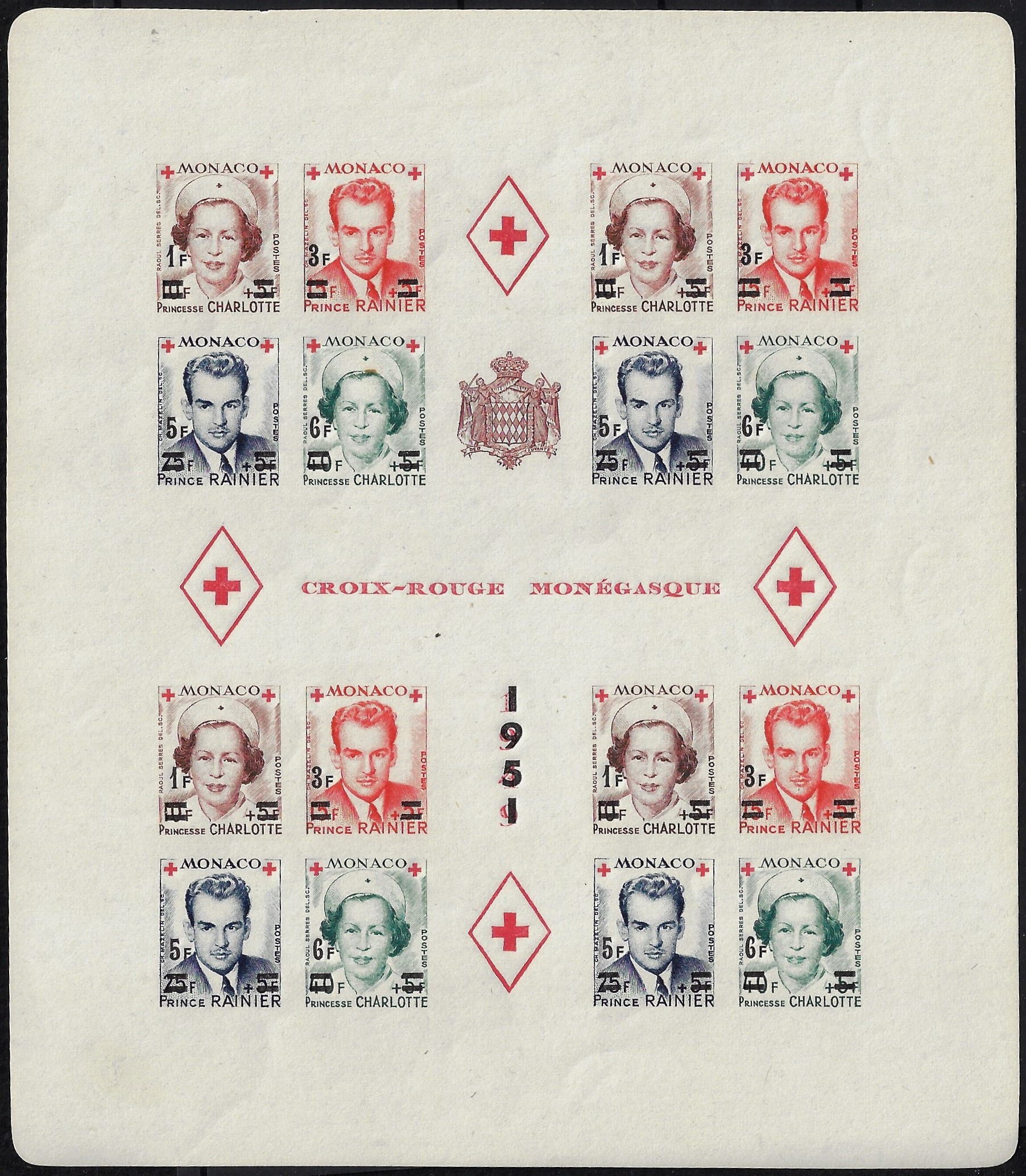 1951 Foglietto PRO Croce Rossa monegasca non dentellato sovrastampato YT 4B