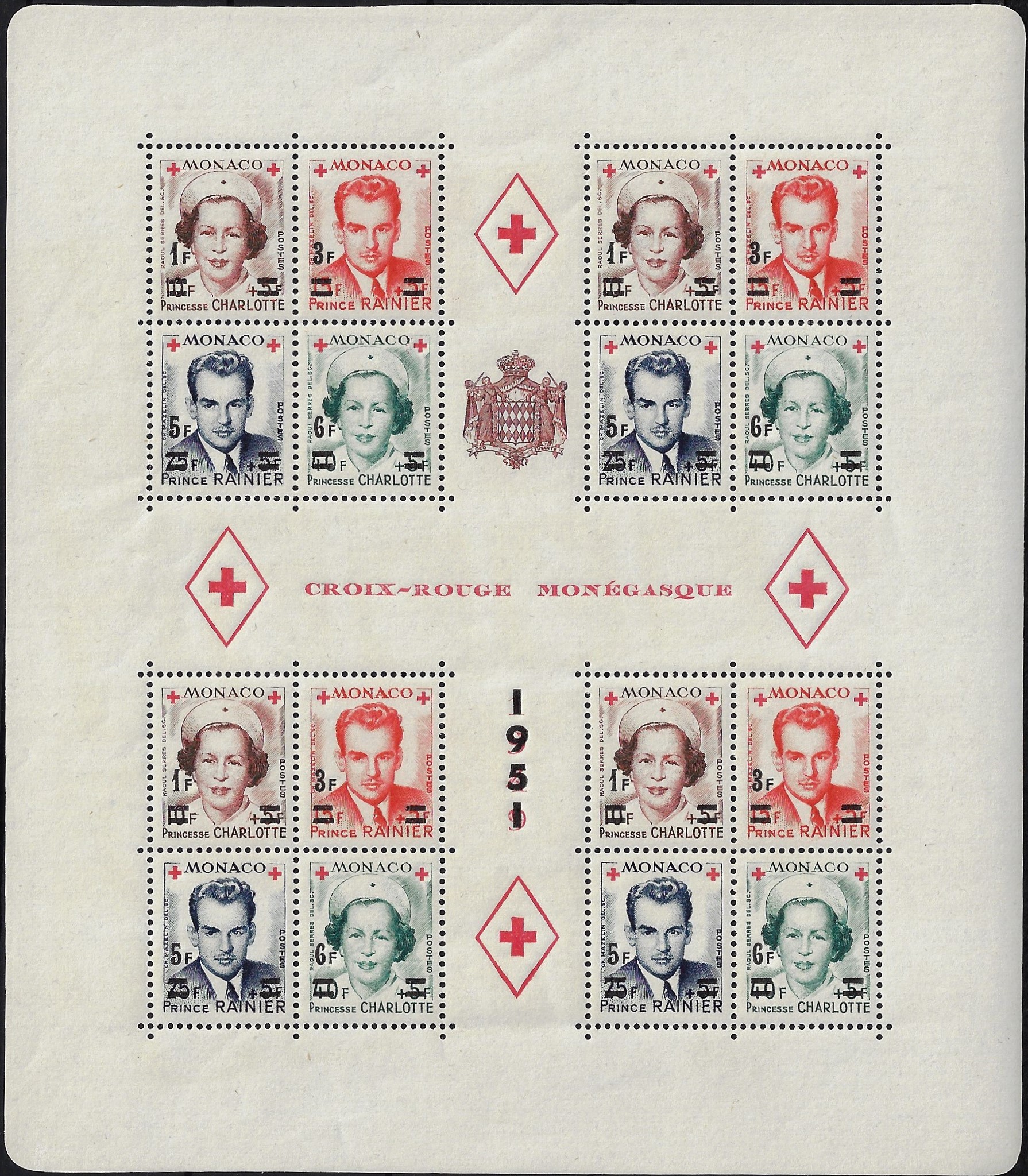 1951 Foglietto PRO Croce Rossa monegasca sovrastampato YT 4A