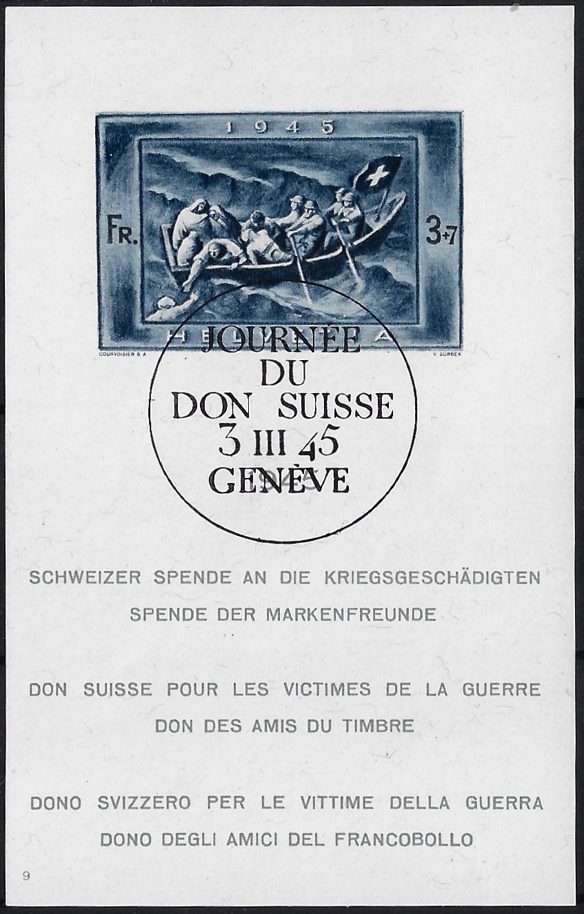 1945 foglietto Dono svizzero per le vittime di guerra usato con annullo giornata dono in francese