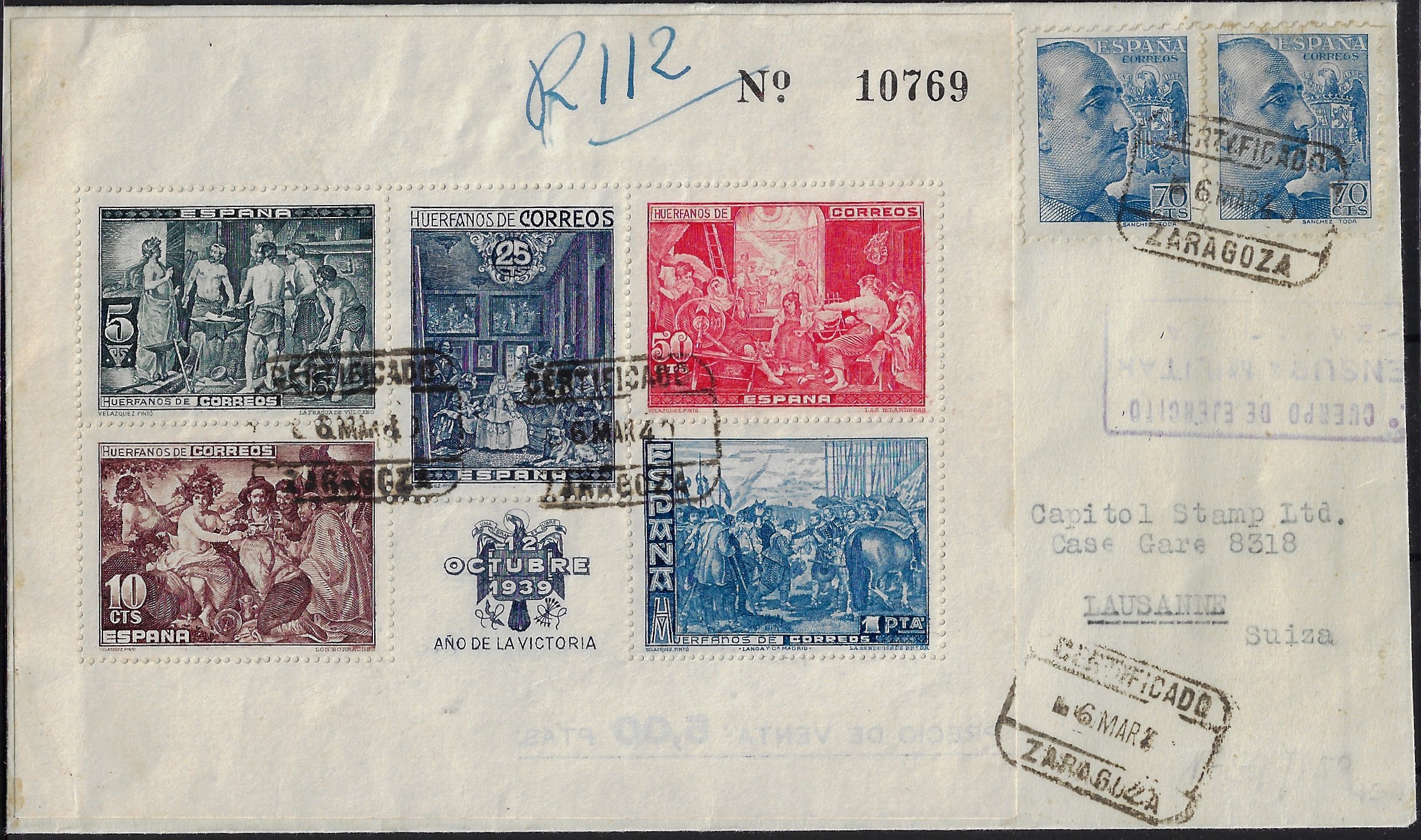 1939 BENEFICENZA Quadri di Velasquez  usato su busta con annullo "6MAR40" catalogo 2v