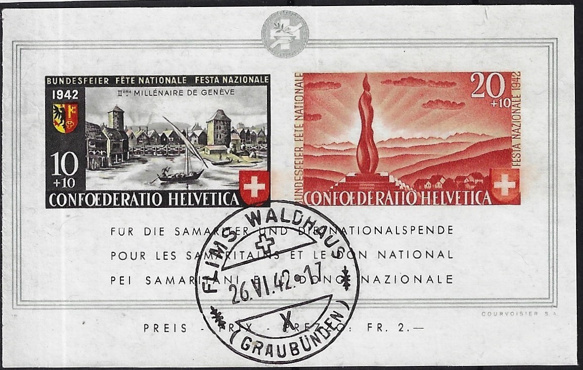 1942 foglietto Pro Patria bimillenario della città di Ginevra con annullo 26.VI.42
