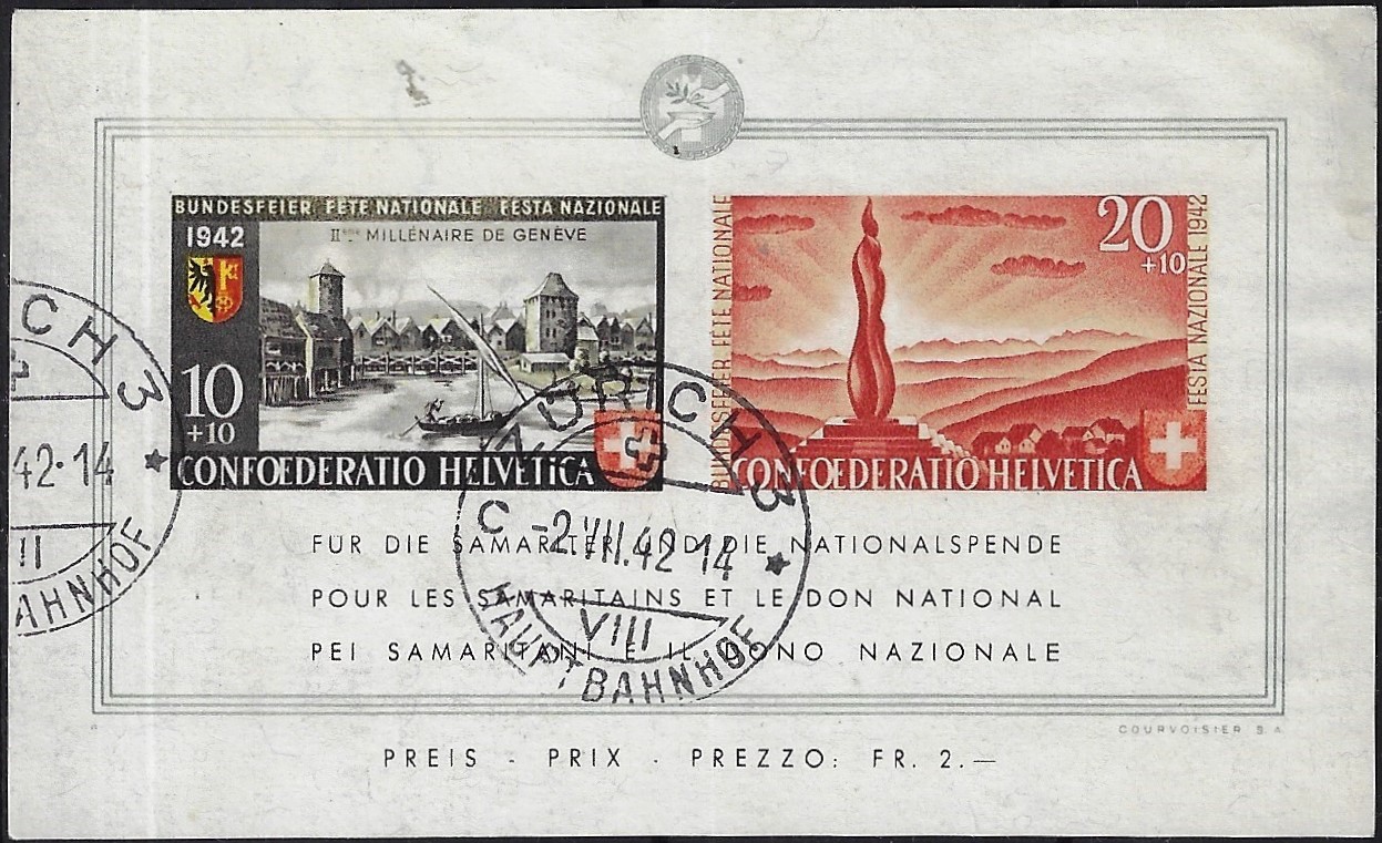 1942 foglietto Pro Patria bimillenario della città di Ginevra con annullo 2.VII.42