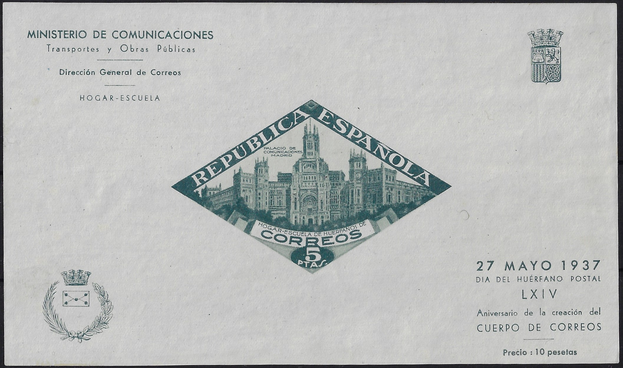 1937 Pro orfani P.T.T.  non dentellato verde scuro catalogo 4